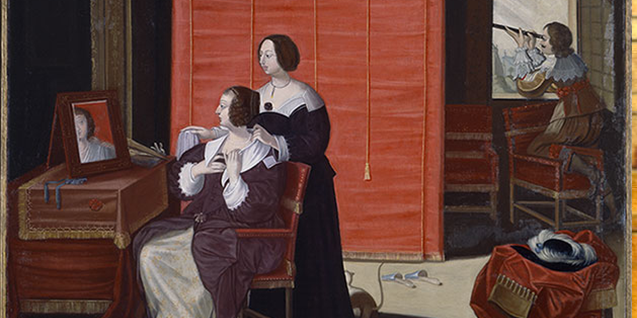 Reproduction en trompe l'oeil de la peinture La Vue de A. Bosse représentant une femme et sa servante l'aidant à accrocher un collier avec un homme en arrière plan regardant l'horizon par la fenêtre