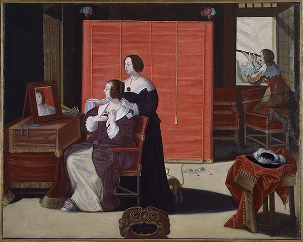 Reproduction en trompe l'oeil de la peinture La Vue de A. Bosse représentant une femme et sa servante l'aidant à accrocher un collier avec un homme en arrière plan regardant l'horizon par la fenêtre