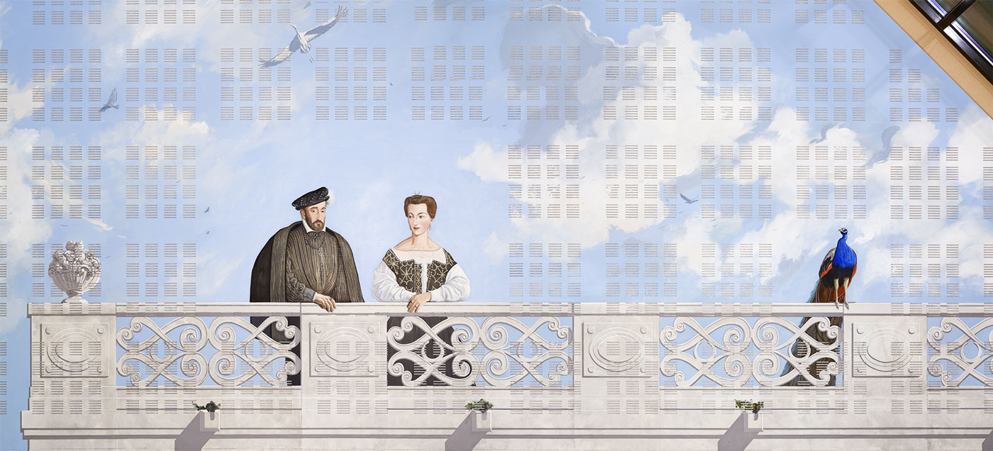 Trompe l'oeil avec Diane de Poitiers et Henri II devant un faux ciel accoudés à une ballustrade avec un paon à leur côté