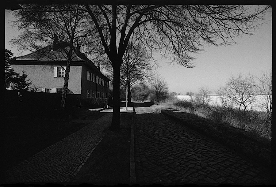 Photographie noir et blanc d'une campagne proche de Berlin avec une maison, des arbres et une vue sur la plaine