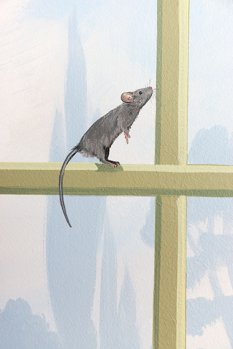 Détail d'un quadrillé de jardin avec petite souris sur ses pattes arrières