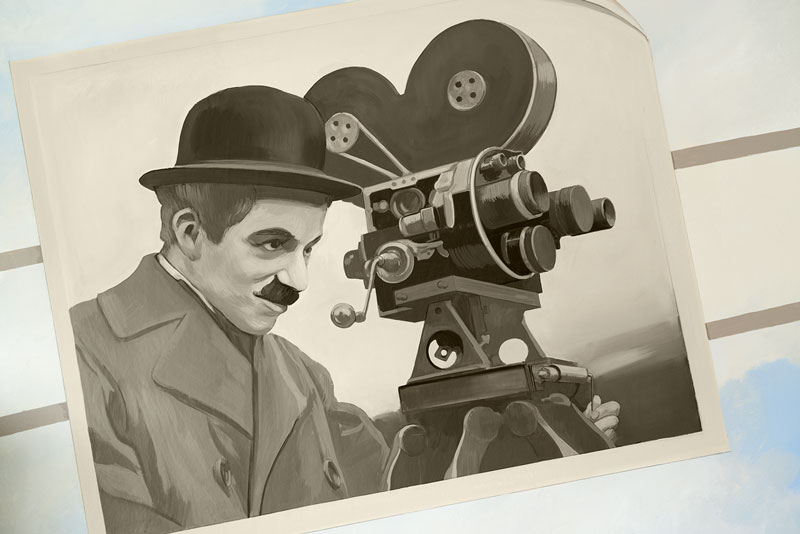 Détail sur Charlie Chaplin devant un boîtier caméra