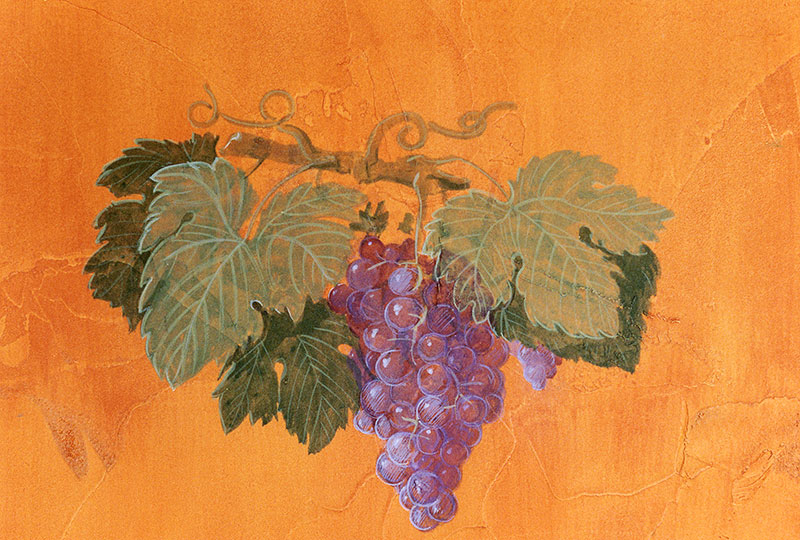 Détail grappe de raisin violet sur fond jaune orangé