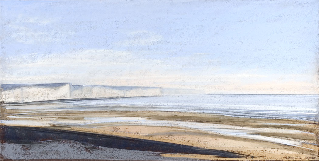 Pastel sec représentant la plage, la mer et les falaises en plein soleil en arrière plan à Ault