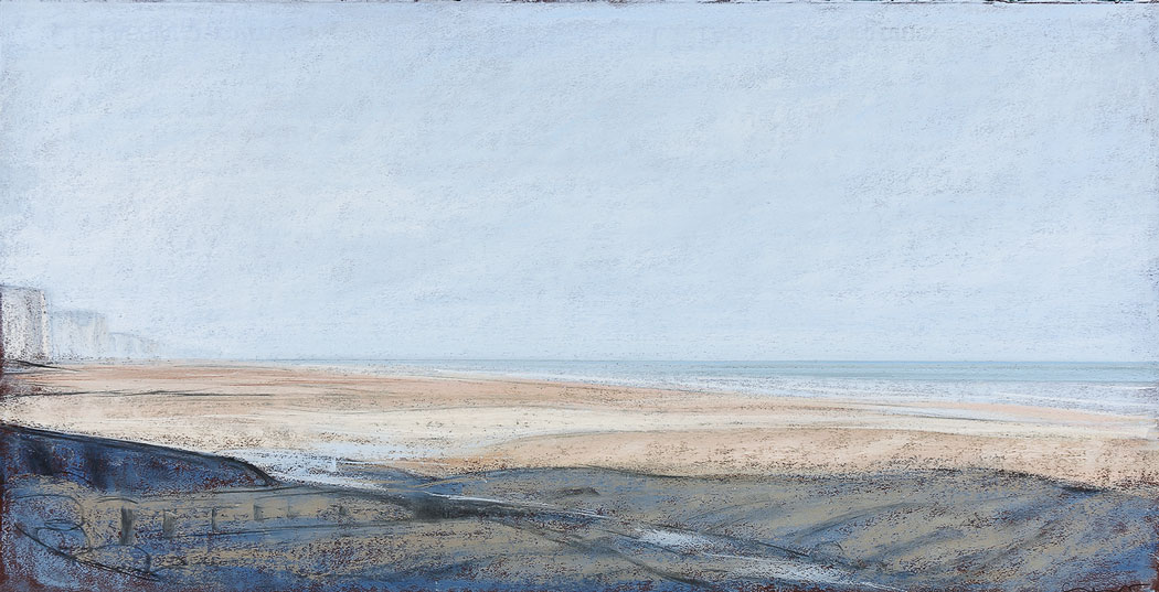 Pastel sec représentant la plage et la mer de Ault
