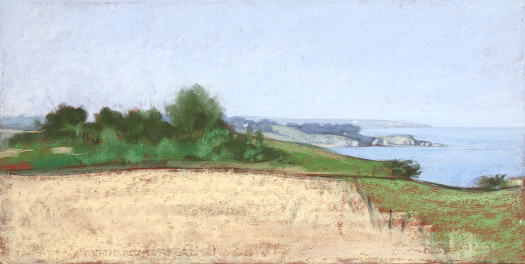Pastel sec représentant les champs boisés et une plage de Belle île en Mer vue de haut