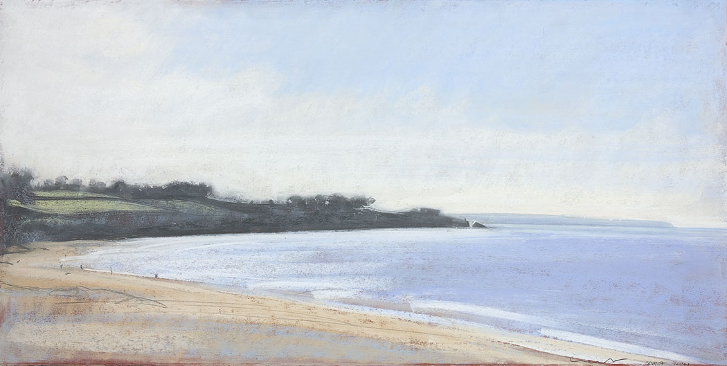 Pastel sec représentant la plage en premier plan puis la mer le tout entouré sur la gauche par les falaises