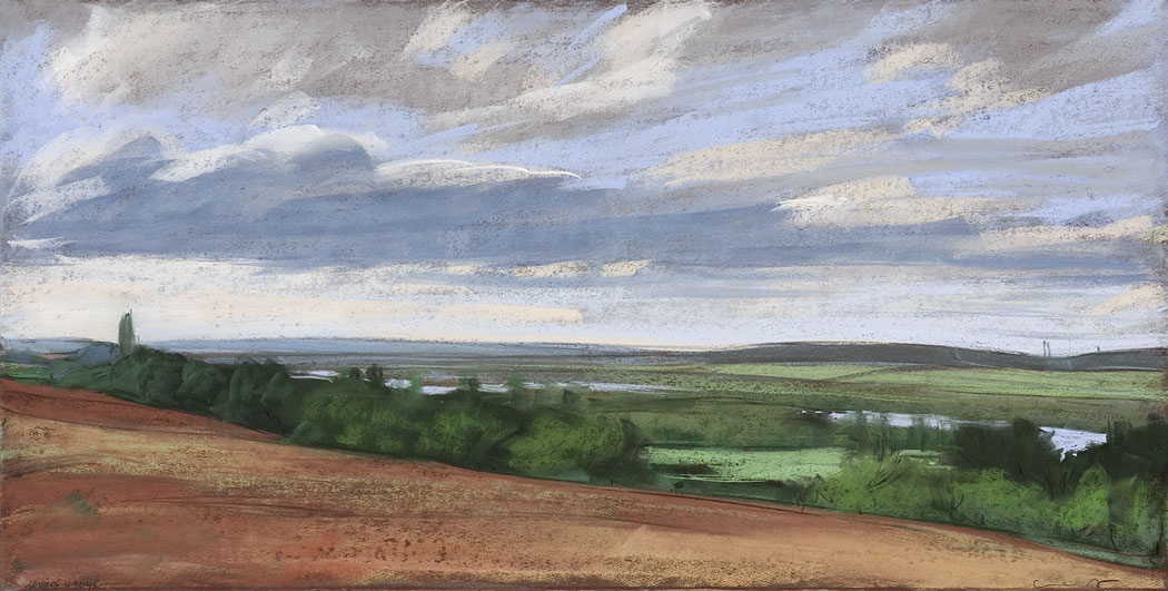 Pastel sec avec vue sur les champs et les espaces boisés de la vallée de Charpont