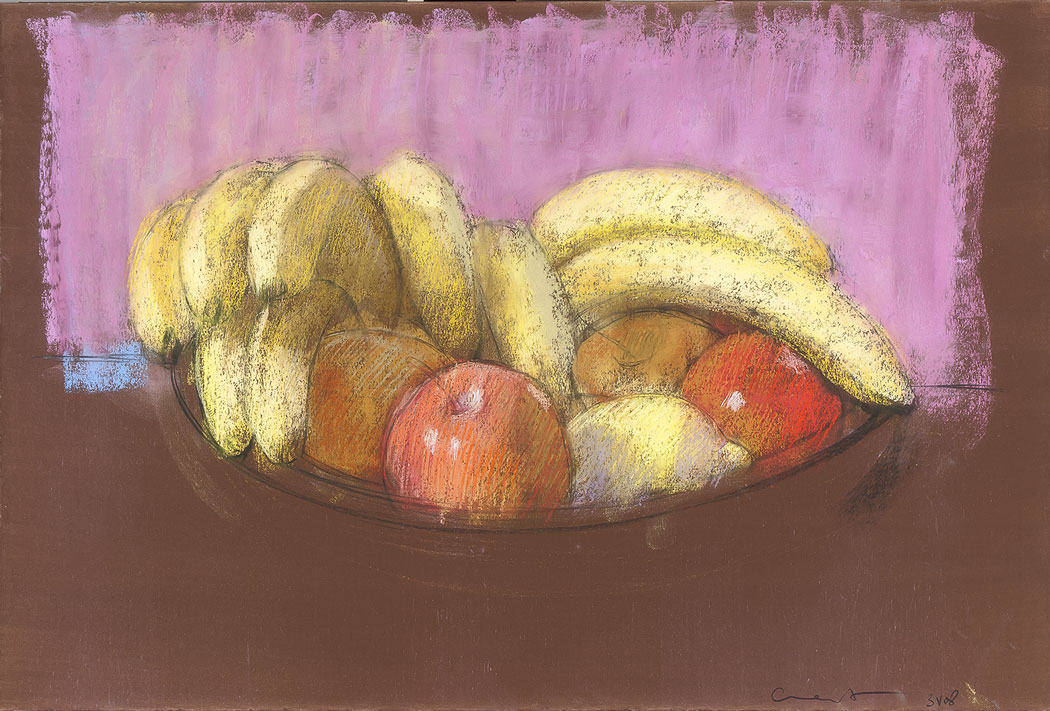 Pastel sec d'un plat esquissé avec bananes, poires, pommes et pomelos
