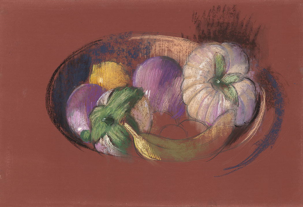 Pastel sec d'un plat en bois vu de haut d'aubergines rondes et légérement violettes, courge, citron et banane