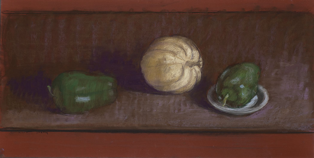 Pastel sec avec une courge entourée de deux poivrons vert dont l'un dans une coupelle