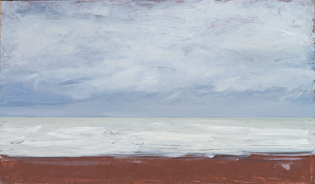 Peinture à l'huile sur bois de la mer turquoise sous les nuages blancs de Picardie