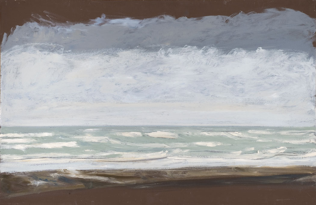 Peinture à l'huile sur bois de la mer de Ault couleur turquoise et nuages blancs