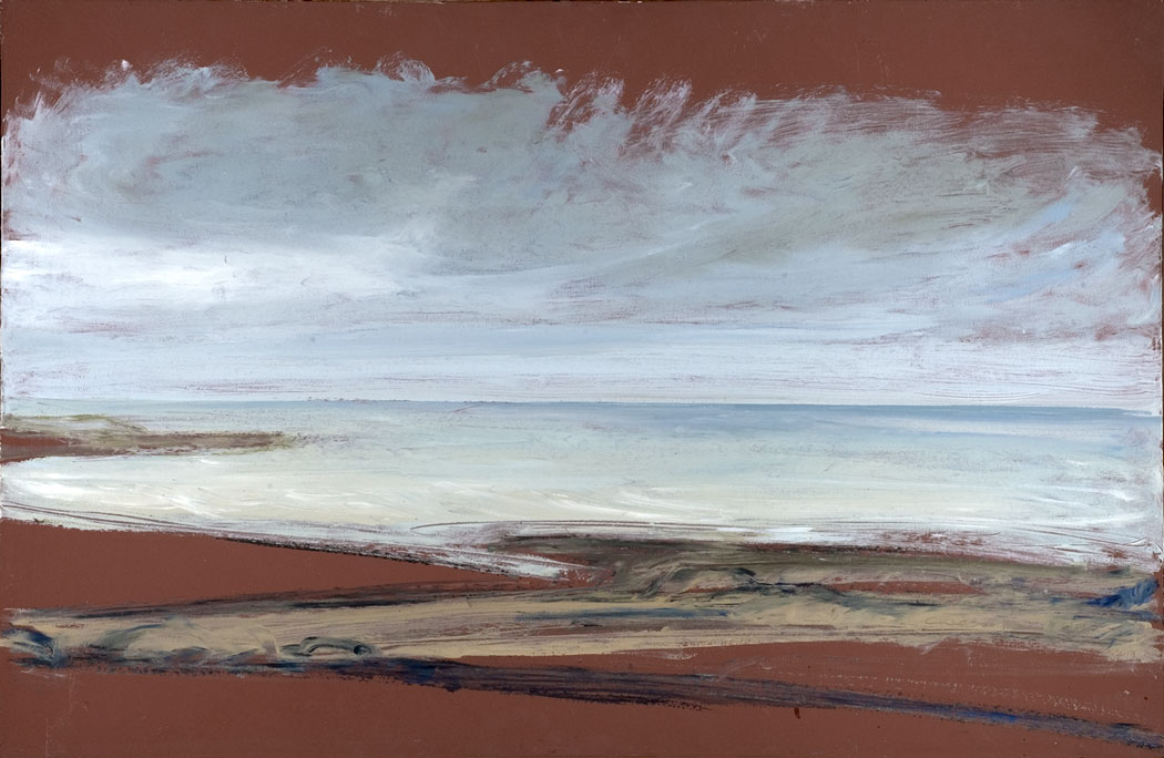 Peinture à l'huile sur bois de la mer de Ault Onival sur fond rouge