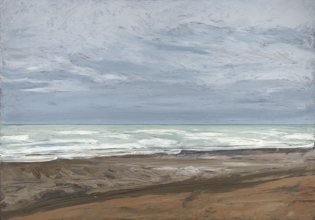Peinture à l'huile sur bois de la mer houleuse et de la plage sous un ciel orageux