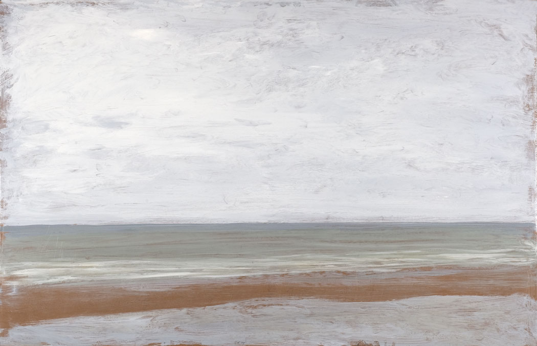 Peinture à l'huile sur bois d'une mer picarde terne sous un ciel gris
