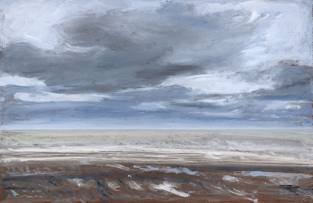 Peinture à l'huile sur bois d'une mer terne sous un ciel nuageux