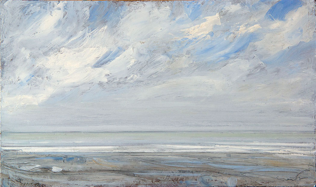 Peinture à l'huile sur bois de la mer en Picardie avec nuages blancs