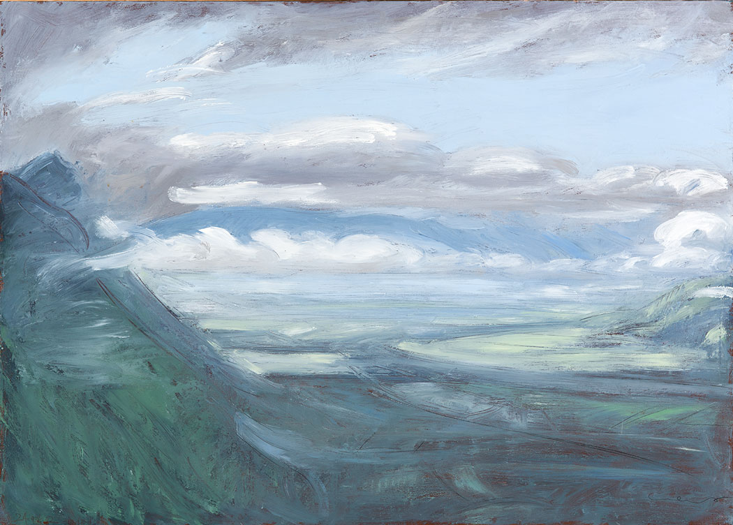 Peinture à l'huile sur bois d'une vallée entourée de montagnes sous les nuages