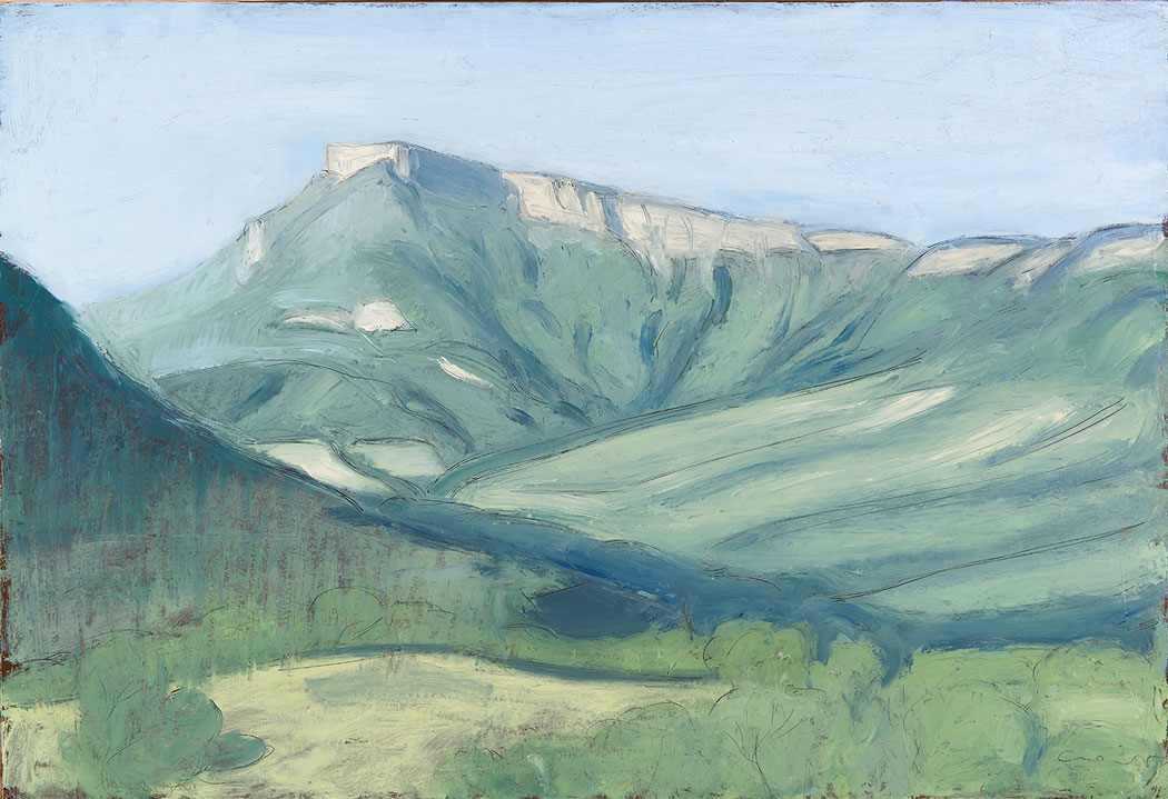 Peinture à l'huile sur bois d'une plaine avec des montagnes en arrière plan
