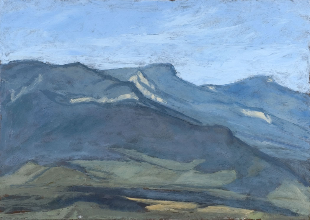 Peinture à l'huile sur bois d'un amas de montagne à la teinte bleutée