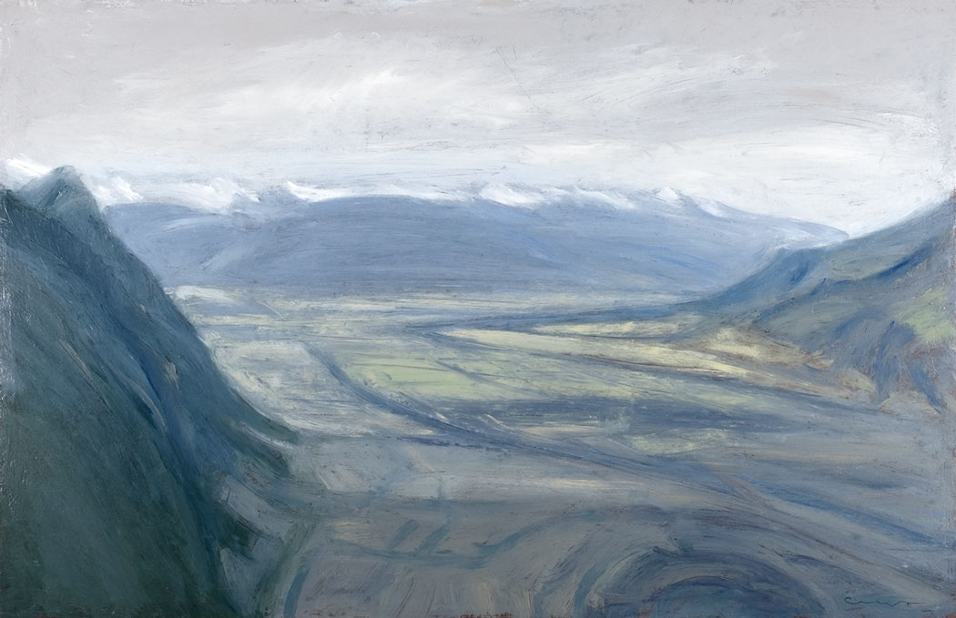 Peinture à l'huile sur bois d'une plaine avec des montagnes sur les côtés et en arrière plan