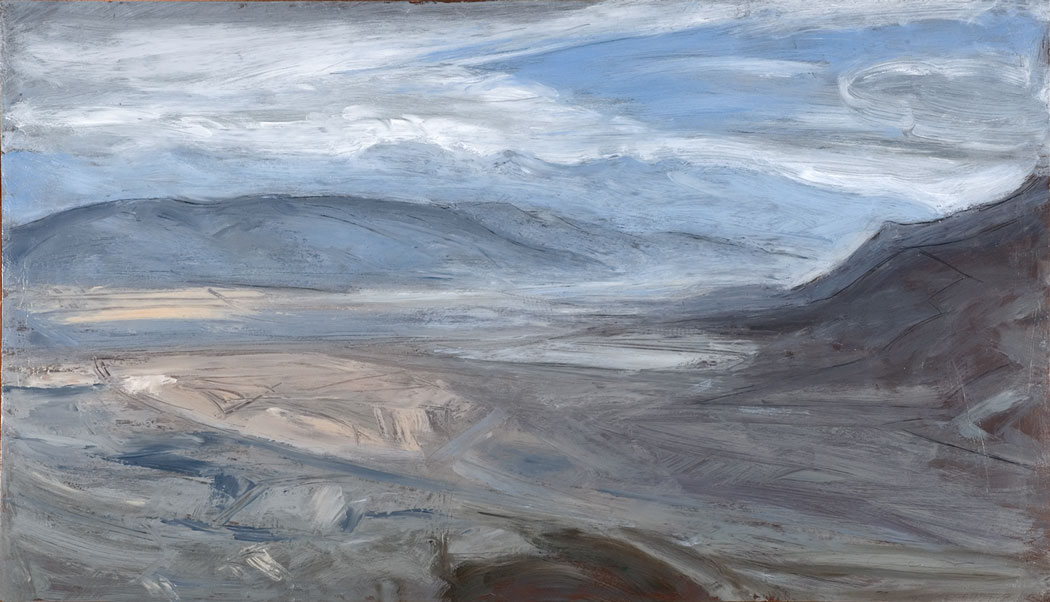 Peinture à l'huile sur bois d'une immense plaine et d'une montagne en arrière plan
