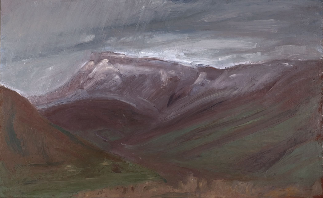 Peinture à l'huile sur bois des montagnes sous la pluie et l'orage