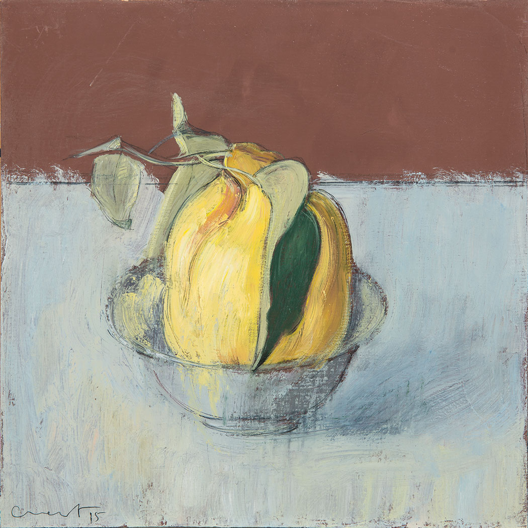 Peinture à l'huile sur bois d'un citron jaune sur table claire