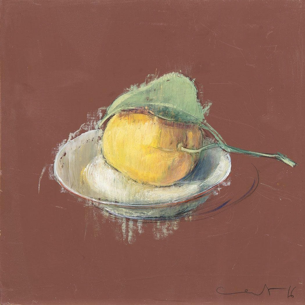 Peinture à l'huile sur bois d'un citron jaune dans une petite coupelle