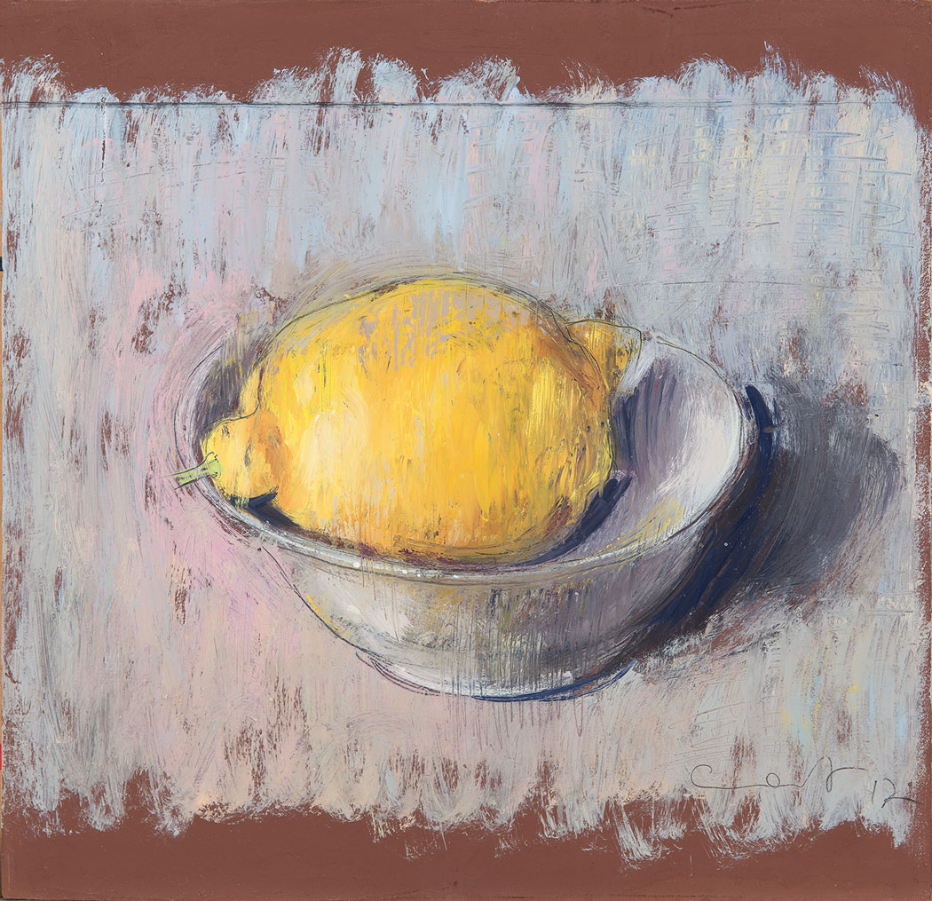 Peinture à l'huile sur bois d'un citron jaune dans un petit bol blanc