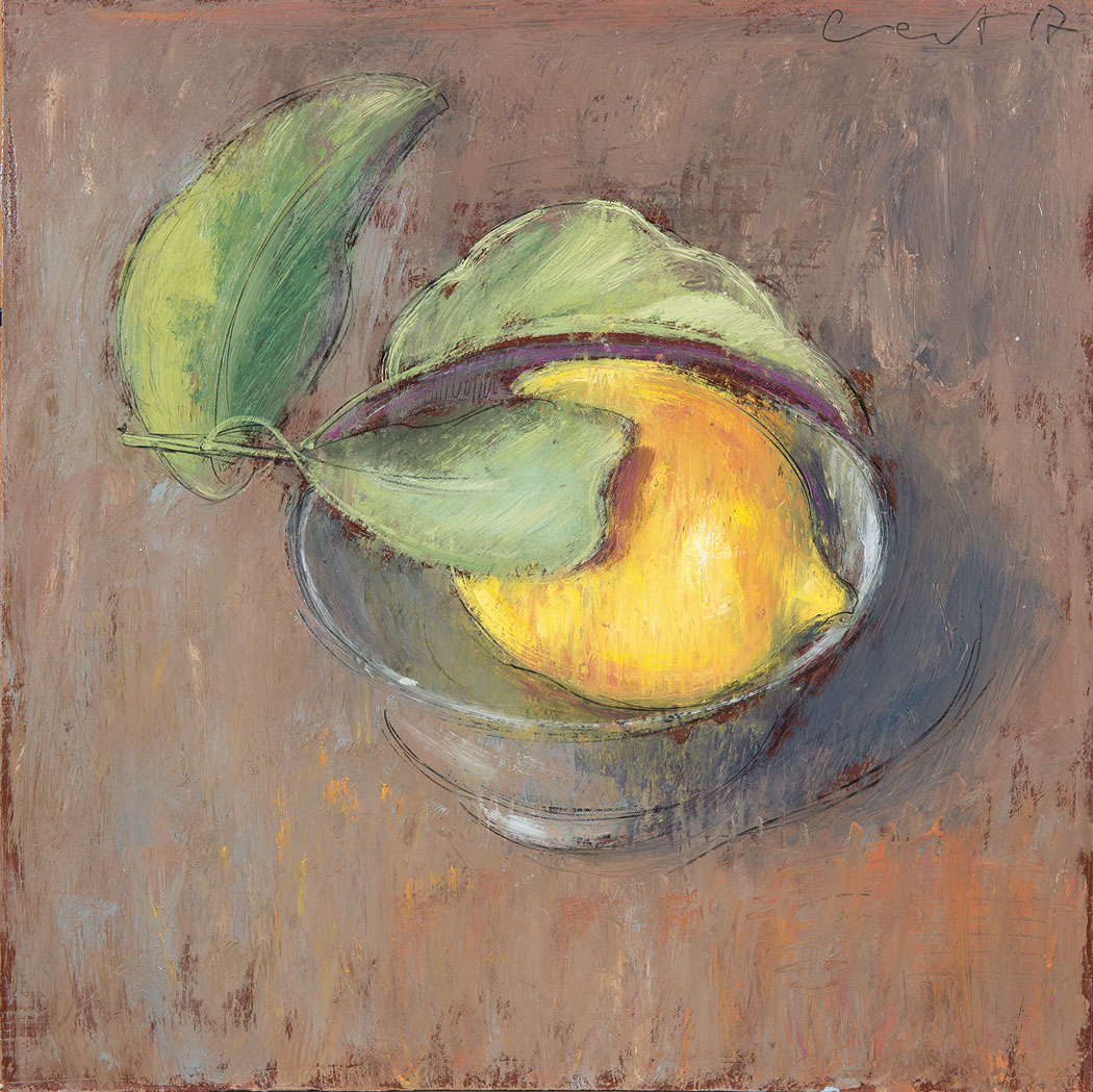 Peinture à l'huile sur bois d'un citron jaune avec tige et feuilles