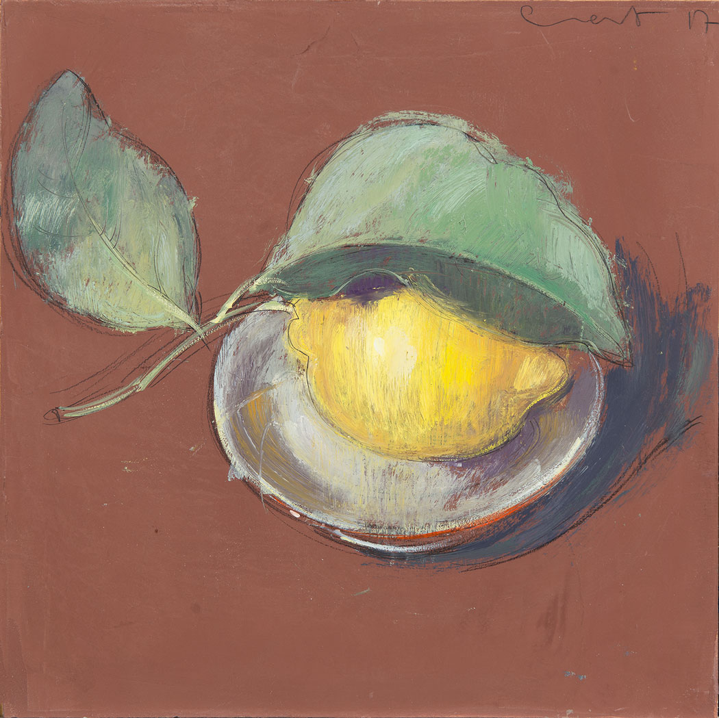 Peinture à l'huile sur bois d'un citron jaune dans une assiette avec liserait bordeau