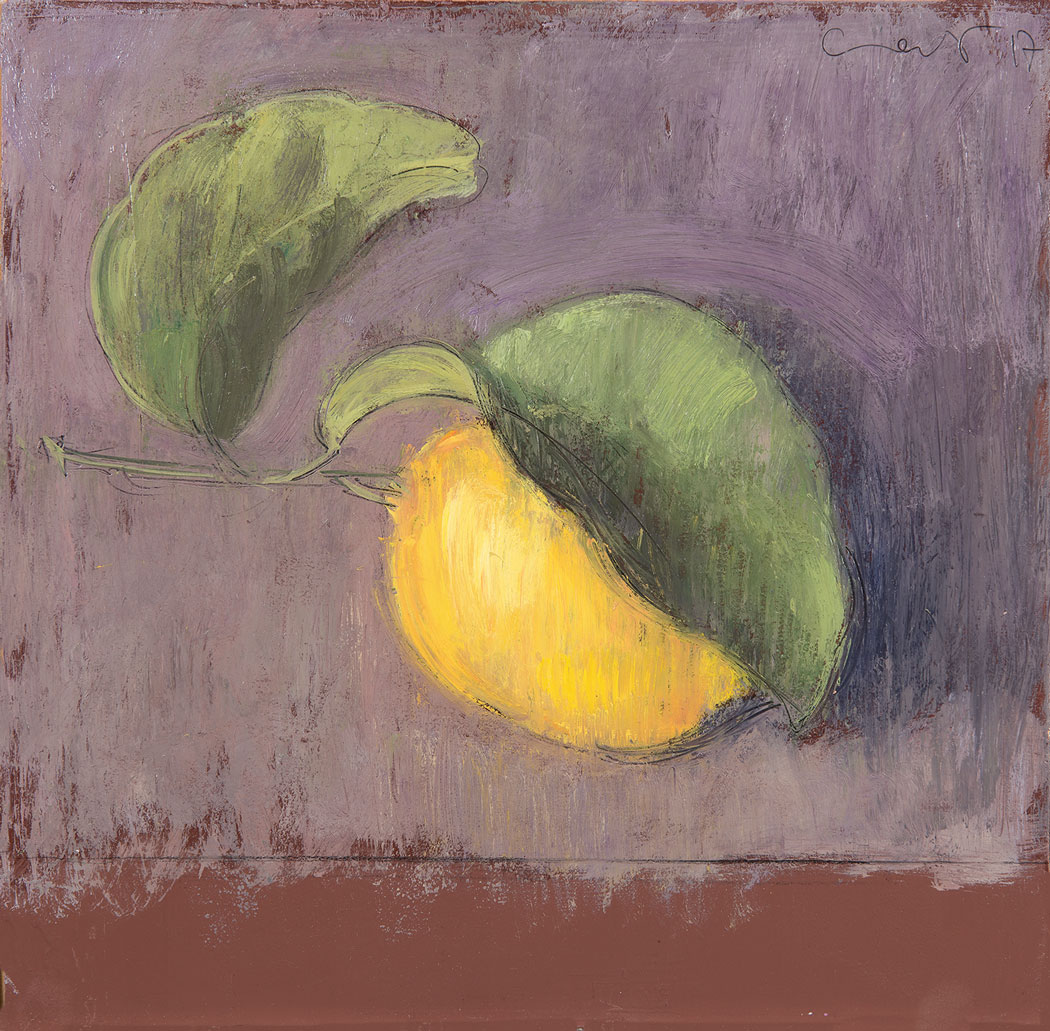 Peinture à l'huile sur bois d'un citron jaune sur fond violacet