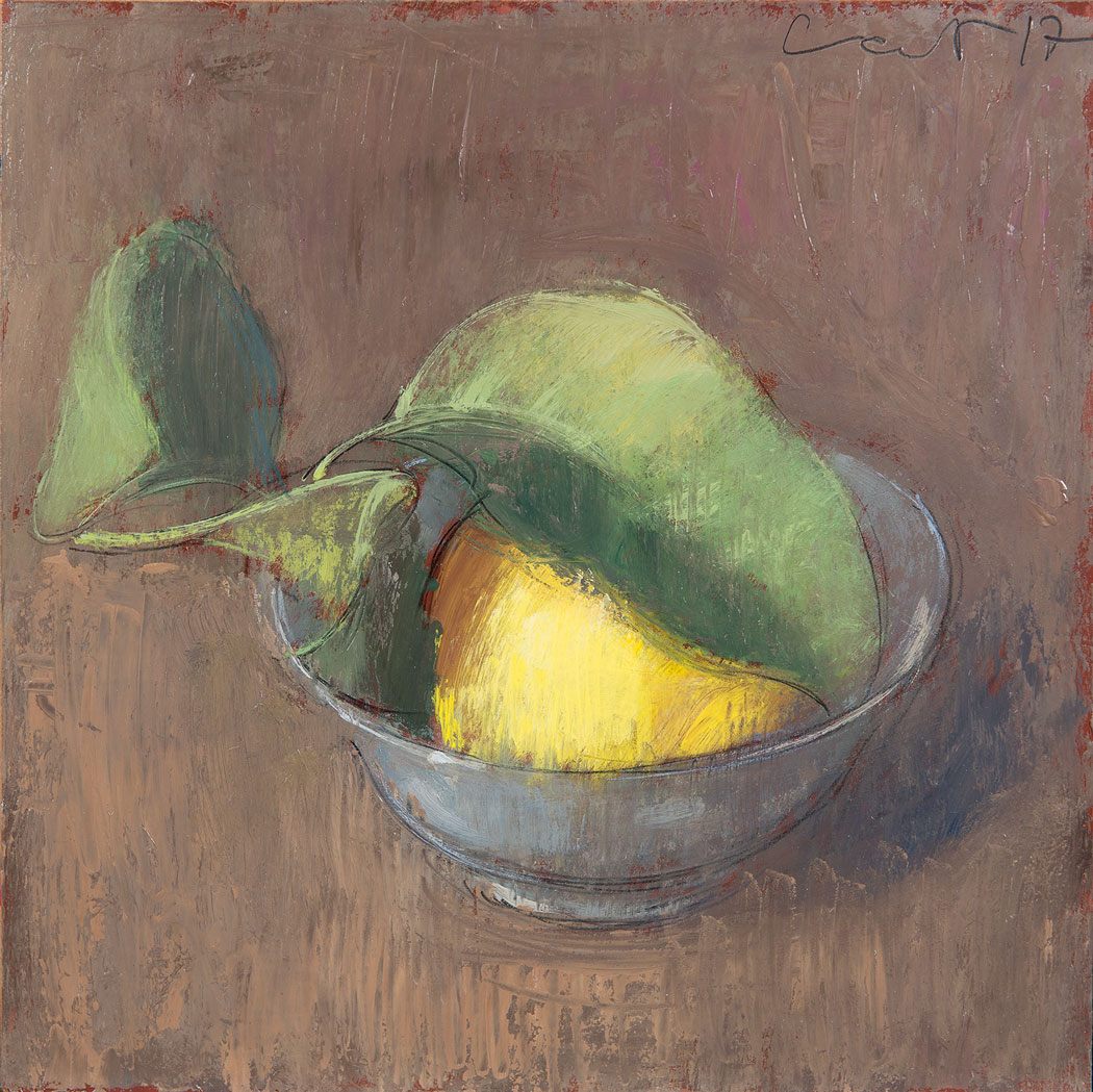 Peinture à l'huile sur bois d'un citron jaune dans une coupelle avec un fond maron-blanc