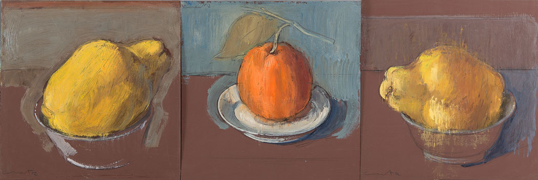 Triptique de peintures à l'huile sur bois avec deux coings entourant une orange avec feuilles