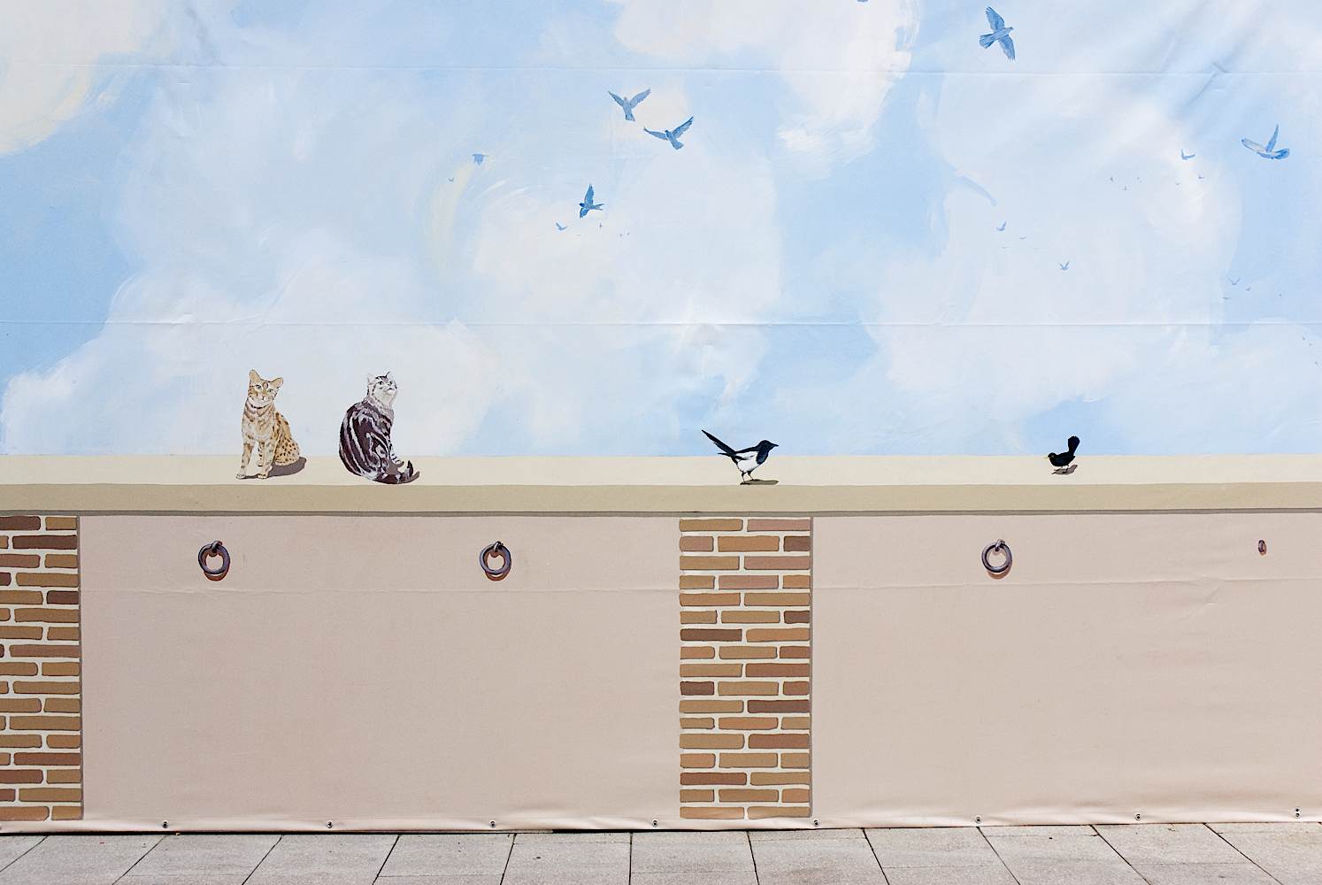 Toile peinte mise en place avec faux ciel, trompe l'oeil de chats et d'oiseaux sur muret